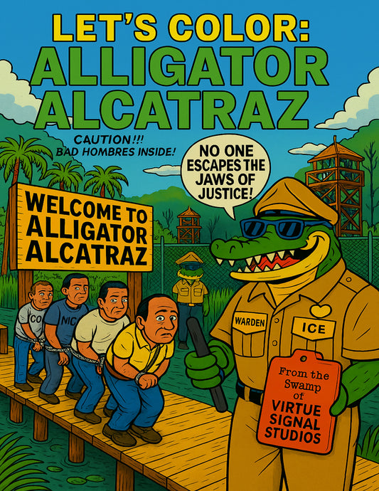Cartoon-style illustration of an alligator warden at Alligator Alcatraz with inmates and a sign.